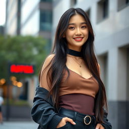 A confident and stylish Korean girl with long, dark hair and a fashionable outfit that accentuates her figure