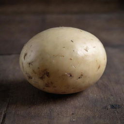 A high-resolution, detailed image of a fresh, unpeeled potato resting on a rustic wooden table.