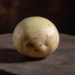 A high-resolution, detailed image of a fresh, unpeeled potato resting on a rustic wooden table.