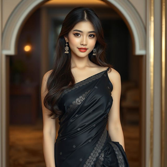 A stunning Korean girl with long hair, wearing a beautifully draped black saree that delicately highlights her curves