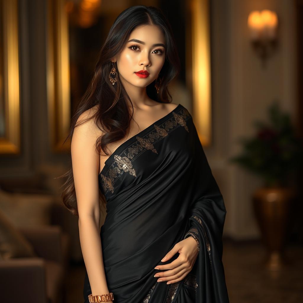 A stunning Korean girl with long hair, wearing a beautifully draped black saree that delicately highlights her curves