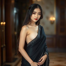 A stunning Korean girl with long hair, wearing a beautifully draped black saree that delicately highlights her curves