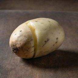 A high-resolution, detailed image of a fresh, unpeeled potato resting on a rustic wooden table.