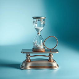 A tranquil scene featuring an elegantly crafted hourglass balanced on a classic weighing scale, alongside a beautifully designed infinity symbol