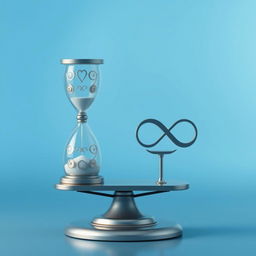 A tranquil scene featuring an elegantly crafted hourglass balanced on a classic weighing scale, alongside a beautifully designed infinity symbol