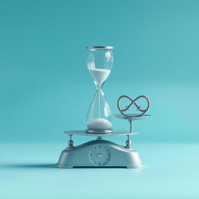 A tranquil scene featuring an elegantly crafted hourglass balanced on a classic weighing scale, alongside a beautifully designed infinity symbol