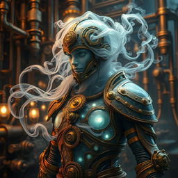 An intriguing gaseous being encapsulated in exquisite steampunk armor