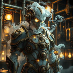 An intriguing gaseous being encapsulated in exquisite steampunk armor
