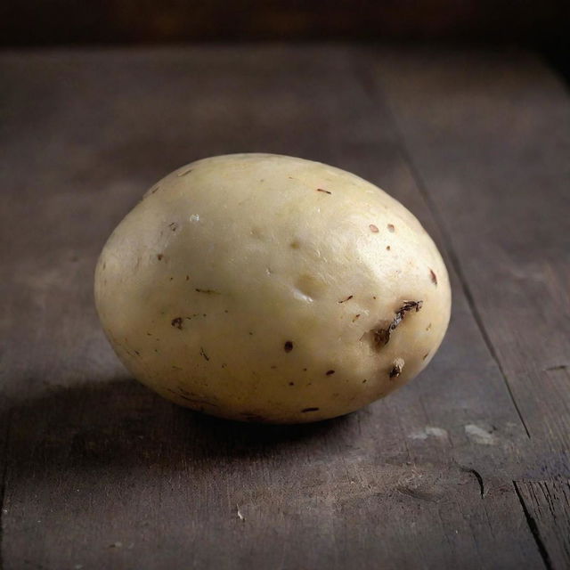 A high-resolution, detailed image of a fresh, unpeeled potato resting on a rustic wooden table.