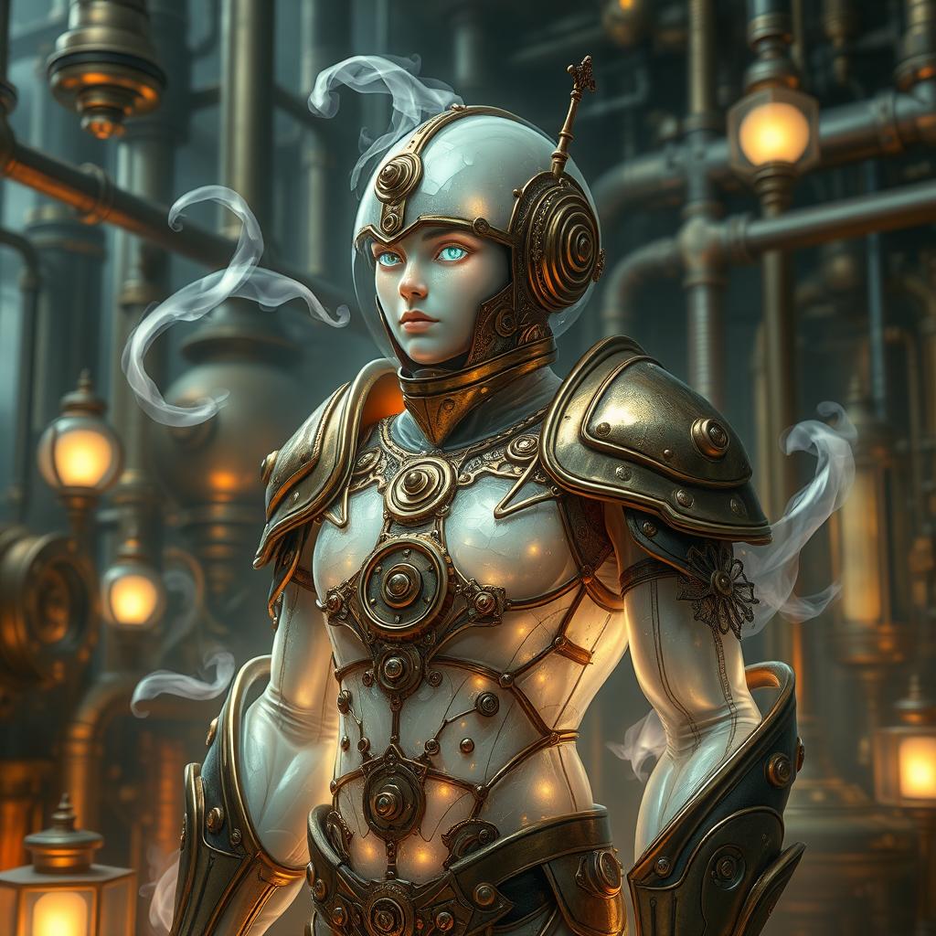 An intriguing gaseous being encapsulated in exquisite steampunk armor