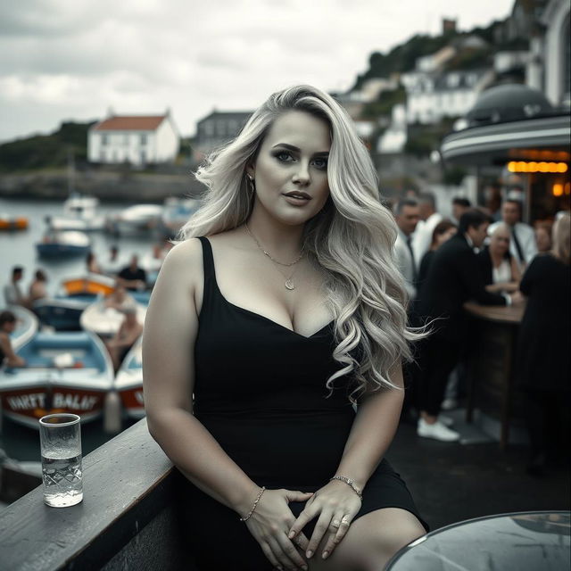 A striking black and white photograph resembling analogue Fuji film style, capturing a chubby and curvy blonde woman with long, flowing hair