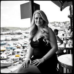 A striking black and white photograph resembling analogue Fuji film style, capturing a chubby and curvy blonde woman with long, flowing hair