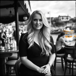 A striking black and white photograph resembling analogue Fuji film style, capturing a chubby and curvy blonde woman with long, flowing hair