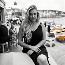 A striking black and white photograph resembling analogue Fuji film style, capturing a chubby and curvy blonde woman with long, flowing hair