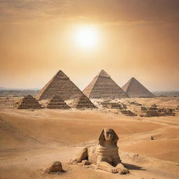 A vibrant panoramic artwork showcasing the iconic Pyramids of Giza with the Sphinx under the radiant Egyptian sun, set against a backdrop of the desert landscape