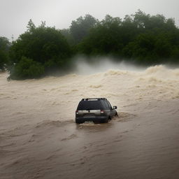 An SUV caught in the tumultuous currents of a flooded river, painting a dramatic picture of nature's wrath.