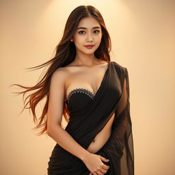 A captivating Korean girl with long flowing hair, confidently wearing a stylish black saree that elegantly showcases her curves