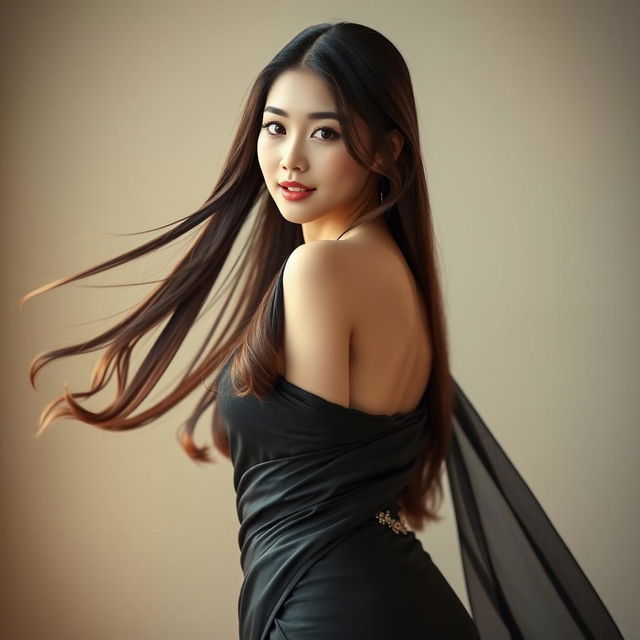 A captivating Korean girl with long flowing hair, confidently wearing a stylish black saree that elegantly showcases her curves