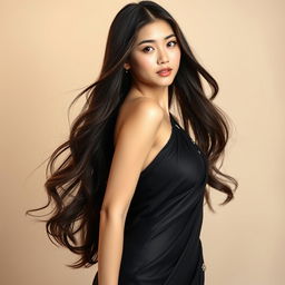 A captivating Korean girl with long flowing hair, confidently wearing a stylish black saree that elegantly showcases her curves