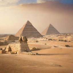 A vibrant panoramic artwork showcasing the iconic Pyramids of Giza with the Sphinx under the radiant Egyptian sun, set against a backdrop of the desert landscape