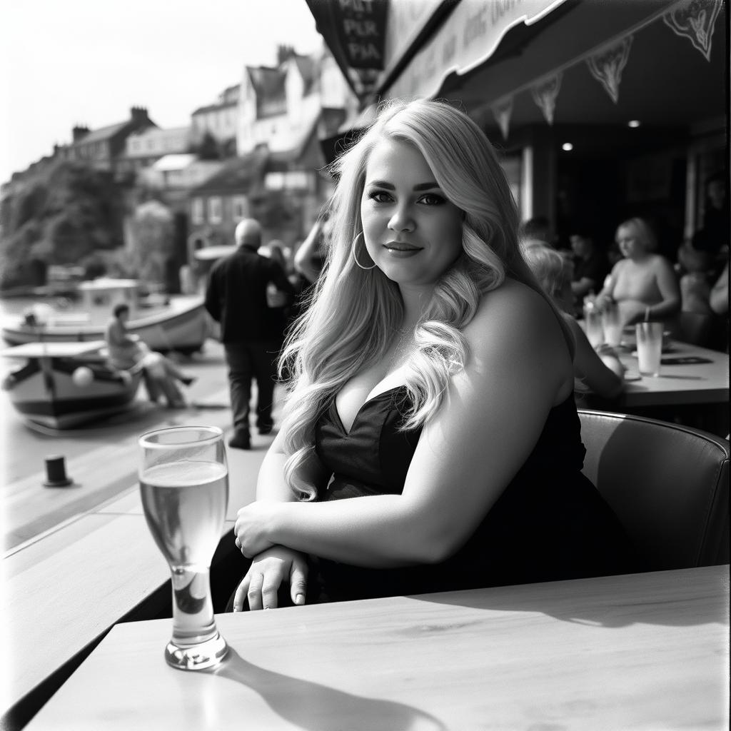 A striking black and white photograph emulating the style of analogue Fuji film, featuring a chubby and curvy blonde woman with long, flowing hair