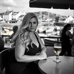 A striking black and white photograph emulating the style of analogue Fuji film, featuring a chubby and curvy blonde woman with long, flowing hair