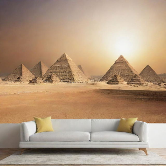 A vibrant panoramic artwork showcasing the iconic Pyramids of Giza with the Sphinx under the radiant Egyptian sun, set against a backdrop of the desert landscape