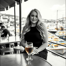 A striking black and white photograph emulating the style of analogue Fuji film, featuring a chubby and curvy blonde woman with long, flowing hair