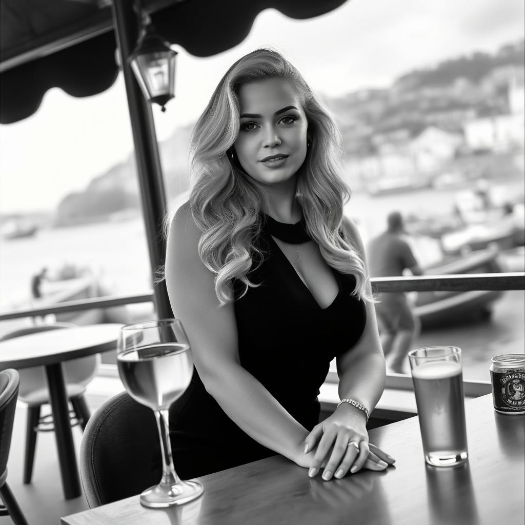 A beautifully composed black and white photograph in the style of analogue Fuji film, featuring a chubby and curvy blonde woman with long, flowing hair