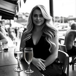 A beautifully composed black and white photograph in the style of analogue Fuji film, featuring a chubby and curvy blonde woman with long, flowing hair