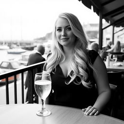 A beautifully composed black and white photograph in the style of analogue Fuji film, featuring a chubby and curvy blonde woman with long, flowing hair