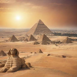 A vibrant panoramic artwork showcasing the iconic Pyramids of Giza with the Sphinx under the radiant Egyptian sun, set against a backdrop of the desert landscape