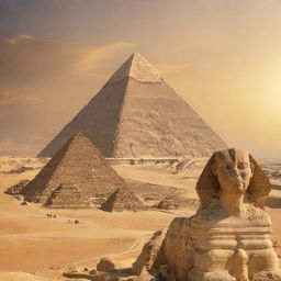 A vibrant panoramic artwork showcasing the iconic Pyramids of Giza with the Sphinx and a majestic statue of Pharaoh Ramses II under the radiant Egyptian sun, set against a backdrop of the desert landscape