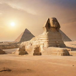 A vibrant panoramic artwork showcasing the iconic Pyramids of Giza with the Sphinx and a majestic statue of Pharaoh Ramses II under the radiant Egyptian sun, set against a backdrop of the desert landscape