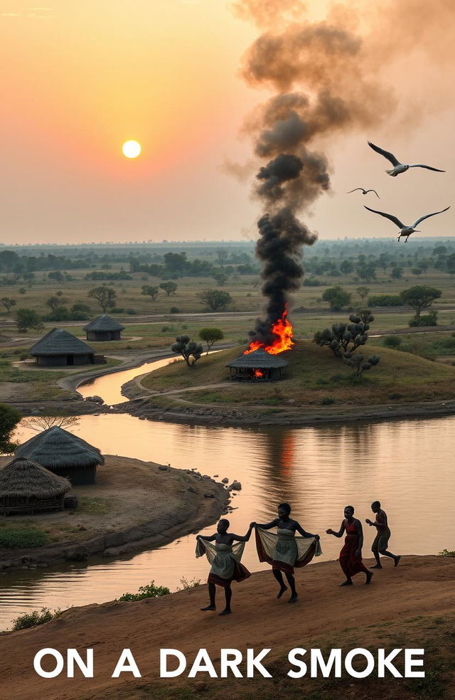 An aerial view of three African villages separated by a river