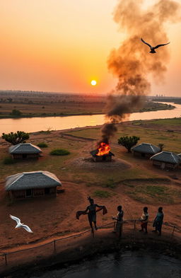 An aerial view of three African villages separated by a river