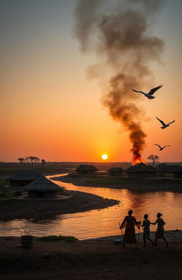 An aerial view of three African villages separated by a river
