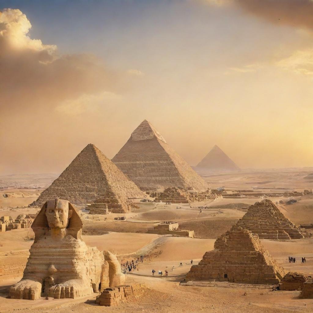 A vibrant panoramic artwork showcasing the iconic Pyramids of Giza with the Sphinx and a majestic statue of Pharaoh Ramses II under the radiant Egyptian sun, set against a backdrop of the desert landscape