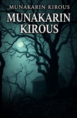 A creepy book cover for a horror novel titled 'Munakarin Kirous', featuring a haunted coastal forest shrouded in fog