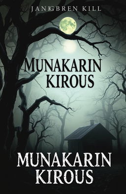 A creepy book cover for a horror novel titled 'Munakarin Kirous', featuring a haunted coastal forest shrouded in fog