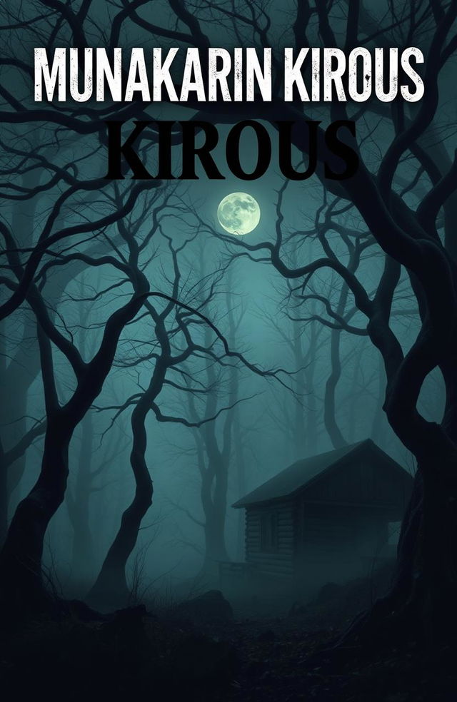 A creepy book cover for a horror novel titled 'Munakarin Kirous', featuring a haunted coastal forest shrouded in fog