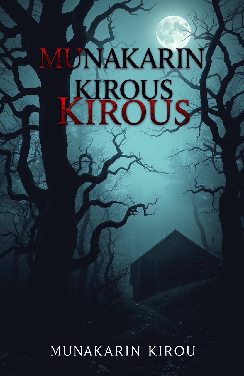 A creepy book cover for a horror novel titled 'Munakarin Kirous', featuring a haunted coastal forest shrouded in fog