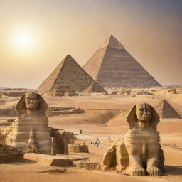 A vibrant panoramic artwork showcasing the iconic Pyramids of Giza with the Sphinx and a majestic statue of Pharaoh Ramses II under the radiant Egyptian sun, set against a backdrop of the desert landscape