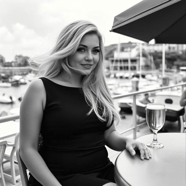 A stunning black and white photograph in the style of analogue Fuji film, featuring a chubby and curvy blonde woman with long, flowing hair