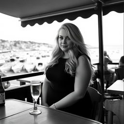 A stunning black and white photograph in the style of analogue Fuji film, featuring a chubby and curvy blonde woman with long, flowing hair