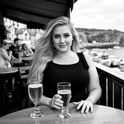 A stunning black and white photograph in the style of analogue Fuji film, featuring a chubby and curvy blonde woman with long, flowing hair