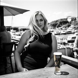 A stunning black and white photograph in the style of analogue Fuji film, featuring a chubby and curvy blonde woman with long, flowing hair