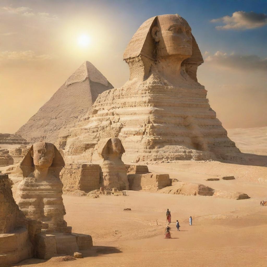 A vibrant panoramic artwork showcasing the iconic Pyramids of Giza with the Sphinx and a majestic statue of Pharaoh Ramses II; citizens of ancient Egypt in traditional attire are seen worshipping the Pharaoh under the radiant Egyptian sun amid the desert landscape.