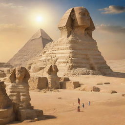 A vibrant panoramic artwork showcasing the iconic Pyramids of Giza with the Sphinx and a majestic statue of Pharaoh Ramses II; citizens of ancient Egypt in traditional attire are seen worshipping the Pharaoh under the radiant Egyptian sun amid the desert landscape.