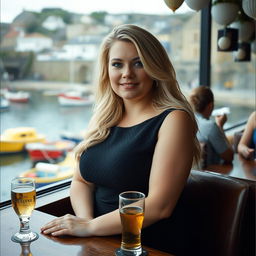 An enchanting photograph in the style of analogue Fuji film, featuring a chubby and curvy blonde woman with long, flowing hair